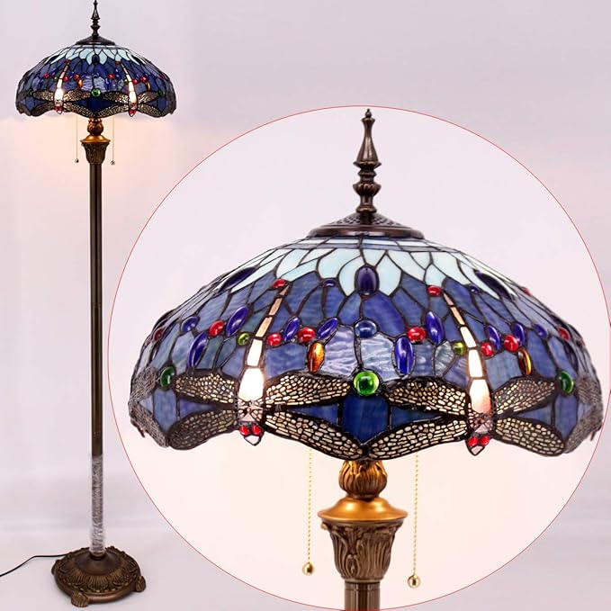 WERFACTORY Tiffany Floor Lamp Dragonfly Blue Stained Glass Standing Reading Light 16X16X64 Inches Antique Pole Corner Lamp Decor Bedroom Living Room Home Office S004 Series (B)