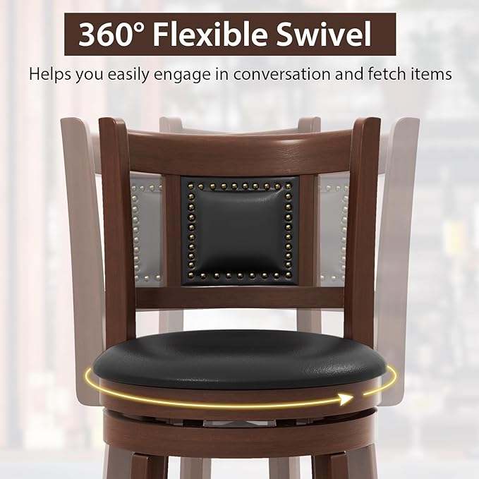 GOFLAME 25.5” Upholstered Bar Stools Set of 2, Swivel Counter Height Barstools with Curved Backrest & Footrest, Solid Rubber Wood Bar Stools for Kitchen Island, Bar Counter, Cafe, Dining Room