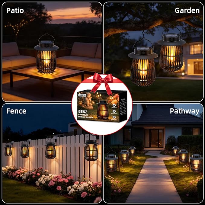Gen2 Flame Solar Lanterns Outdoor Waterproof, 4Pack Hanging Lantern Decorative Indoor, Flickering Garden Lights Glow in the Dark, Camp Lamp Solar Lights for Outside Patio Tree Porch Table Yard Decor