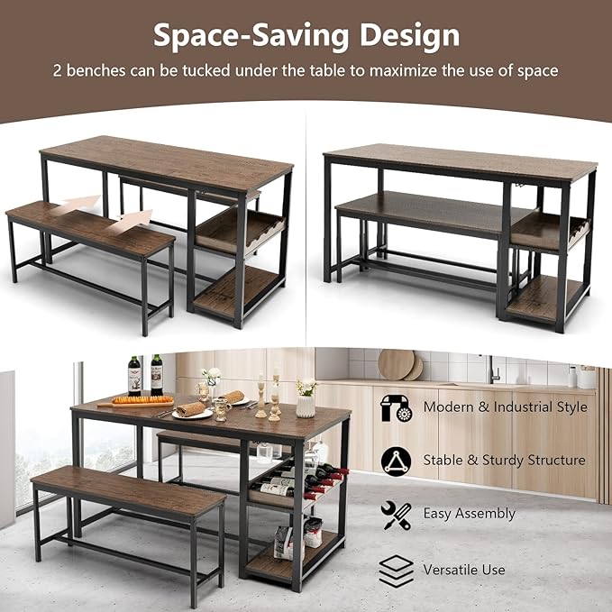 Giantex Dining Table Set for 4, 3-Piece 55" L Kitchen Table Set w/ 2 Benches, Breakfast Table w/ 5-Bottle Wine Rack & Glass Holder, Space-Saving Dinette Set for Dining Room, Kitchen, Apartment