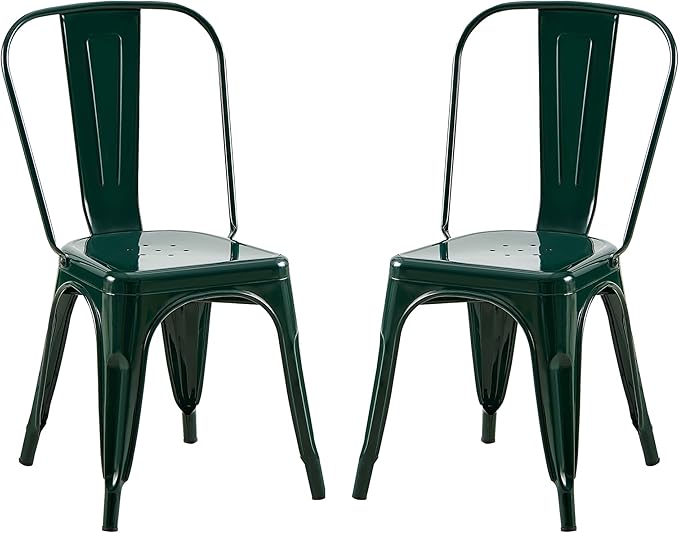 AC Pacific 18 Inch Seat Height Industrial Metal Dining Chairs, Stackable Kitchen or Bar Seat, Durable Modern Design, Versatile Accent Furniture, Set of 2, Dark Green