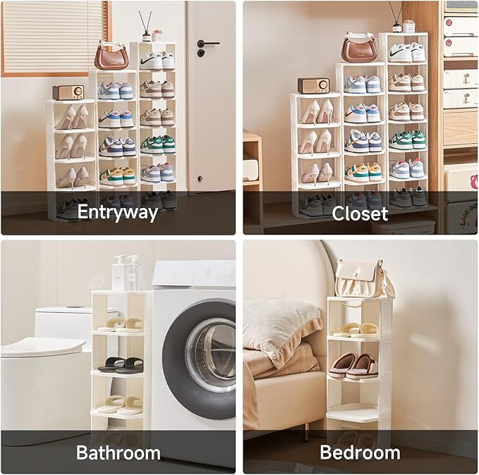 Small Shoe Rack, 7 Tier Plastic Vertical Shoe Rack for Small and Narrow Spaces, Free Standing Shoe Organizer for Closet, Entryway