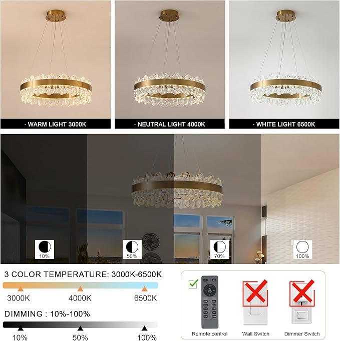 Modern Crystal Chandelier Gold LED Chandeliers 23’’ Round Pendant Light Fixture Dimmable Flush Mount Chandelier for Dining Room Foyer Kitchen, UL Listed