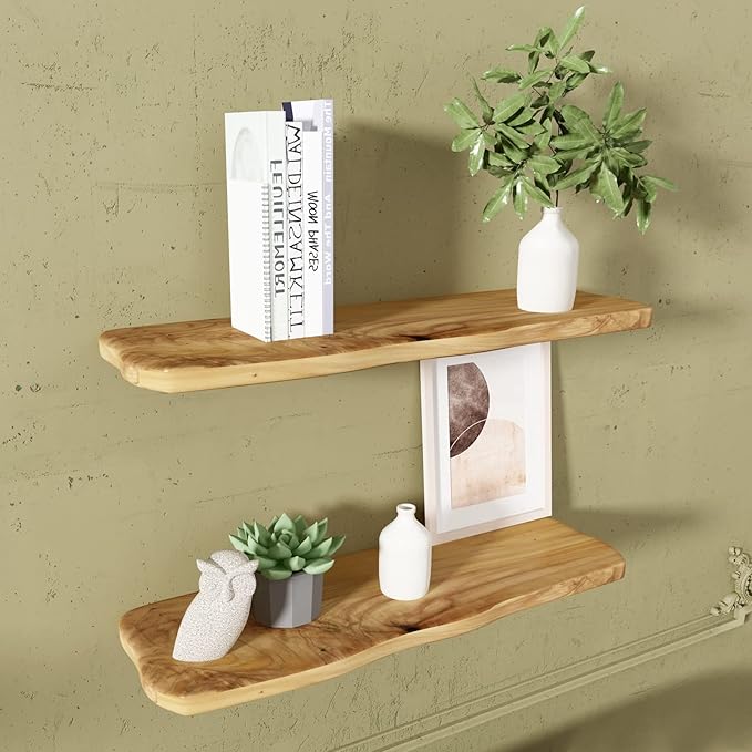 WELLAND 24 Inch Cedar Natural Edge Floating Shelf Set of 2 Rustic Solid Cedar Wood Floating Shelves Wall Mounted for Living Room, Bedroom, Kitchen, Bathroom, Home Office, Entryway