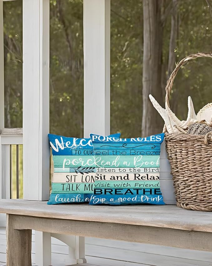 Jartinle Waterproof Outdoor Pillow Covers 18x18 - Turquoise Blue Beige Woodgrain Coastal Farmhouse Welcome to Porch Decorative Cushion Covers for Patio Furniture, Set of 2