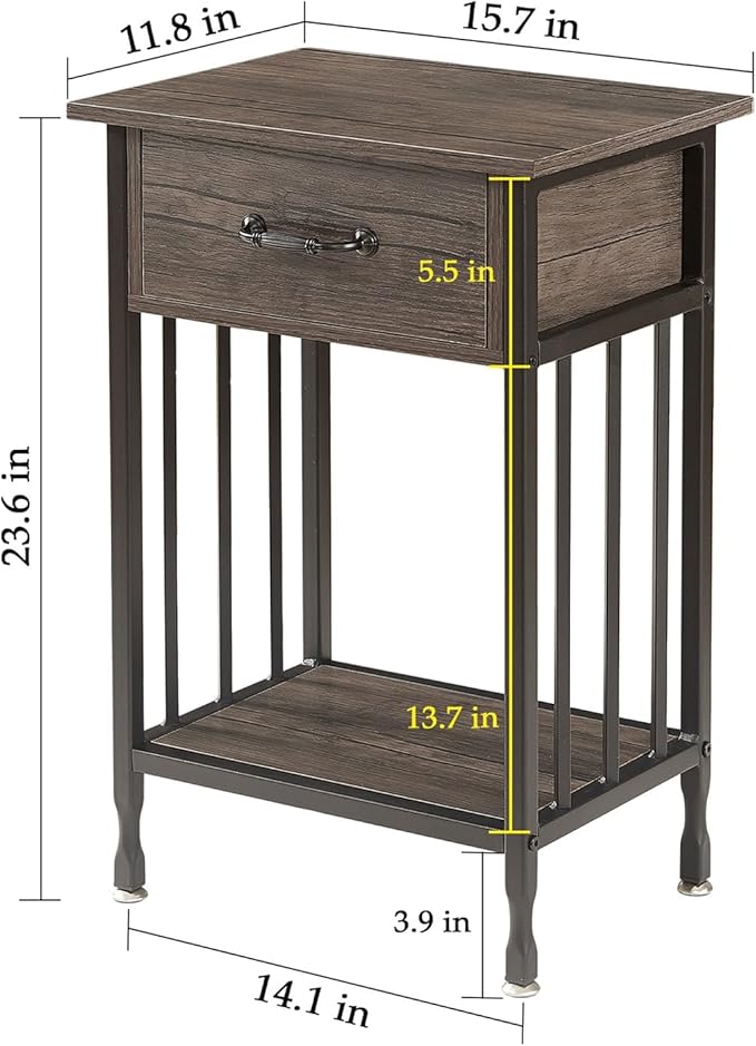 VECELO Night Stand Set 2 with Drawer and Storage Shelf,15.7x11.8x23.6 inches Bedside Table End Table,Wood Nightstands for Bedroom, Living Room,Sofa,Gray,2 Sets