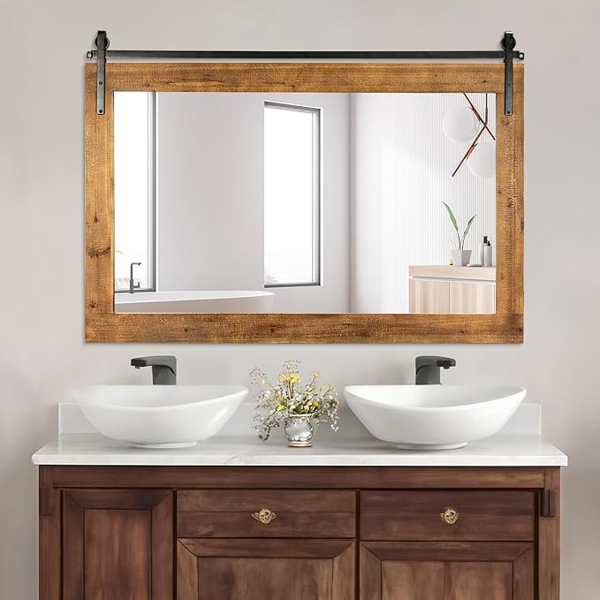 Farmhouse Bathroom Mirror, 41" x 30" Rustic Vanity Mirror, Barn Door Style Wood Framed Wall Mirrors, Rectangle Mirrors for Living Room, Entryway, Brown