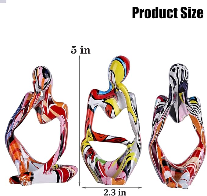 Graffiti Thinker Statue Decor for TV Stand, Shelf, Desk, or Coffee Table - Set of 3 Resin Figurines for Living Room Decorative Objects, Modern Sculpture, Minimalist Bookcase Decor