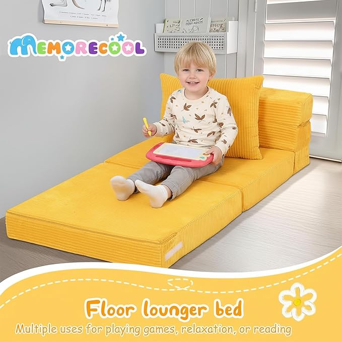 MeMoreCool Folding Sofa for Kids, Corduroy Fold Out Futon Chair, Small Foldable Floor Mattress, Portable Children Couch Sofa, Yellow