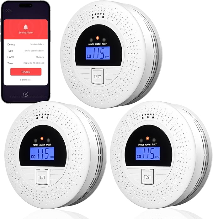 WiFi Smoke and CO Detector 3-Pack | Smart APP Alert & Real-Time LCD Display 85dB Loud Alarm, Phone Notifications, Easy Install, Battery Powered for Bedroom/Kitchen/Living Room