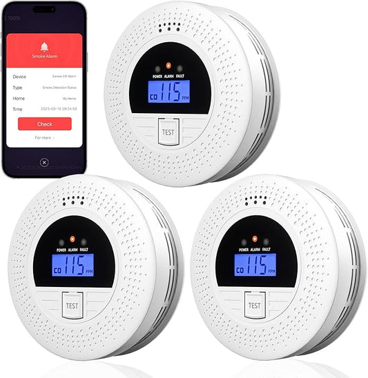 WiFi Smoke and CO Detector 3-Pack | Smart APP Alert & Real-Time LCD Display 85dB Loud Alarm, Phone Notifications, Easy Install, Battery Powered for Bedroom/Kitchen/Living Room