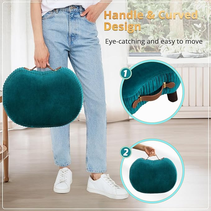 LUE BONA Small Curved Foot Stool with Handle, Teal Velvet Footstool and Ottomans, Modern Foot Rest with Wooden Legs, Step Stool with Padded Seat for Couch, Living Room