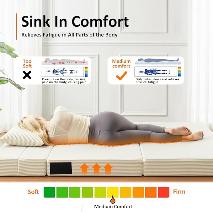 JKMAX Queen Size Folding Sofa Bed - 4 in 1 Convertible Sleeper Chair with Two Pillows - High Density Memory Foam Futon Couch - Foldable Bed for Living Room Bedroom (Beige)