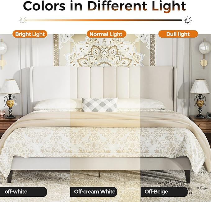 GTPLAYER King Size Bed Frame, Upholstered Platform Bed Frame with USB Type-C Tall Headboard Wingback, Soft Velvet Fabric, No Box Spring Needed, Easy Assembly, Cream