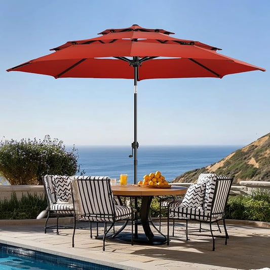 wikiwiki 10ft 3-Tier Patio Umbrella Outdoor Table Market Umbrella for Patio with Push Button Tilt/Crank, Fade Resistant Waterproof POLYESTER Canopy for Garden, Lawn, Deck, Backyard & Pool, Red