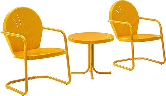 Crosley Furniture Griffith 3-Piece Outdoor Chair and Side Table Set, Retro Metal Bistro Patio Sets for Porch, Tangerine