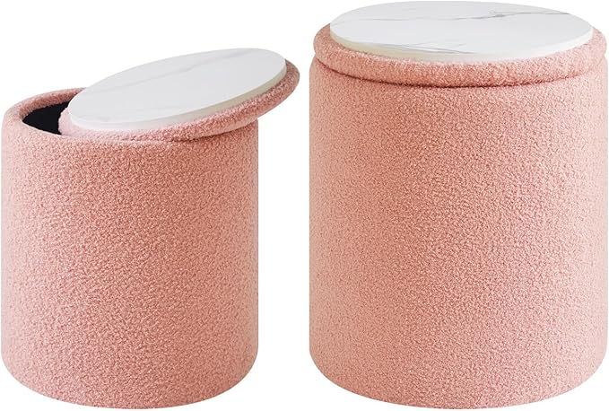 IBUYKE Storage Ottoman Set of 2 Round Ottoman Fleece Vanity Stool with Storage Velvet Footrest Stool End Table Boucle Ottoman for Home Organization Pink UWBD015P