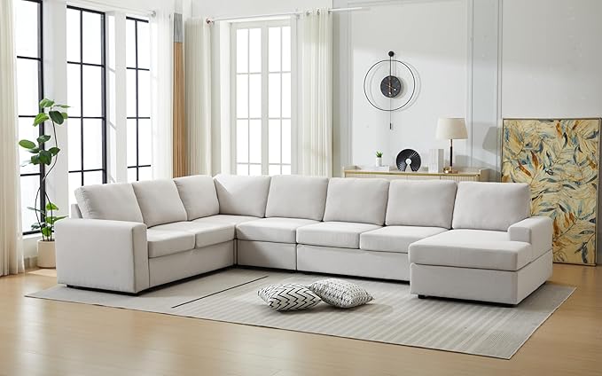 Ball & Cast 147" L-Shaped Sectional Couch for Living Room with Reversible Chaise & Removable Back Cushions,7 Seat Linen Upholstered Convertible Sectional Sofa Set,DIY Combination,for Home,Office,Beige