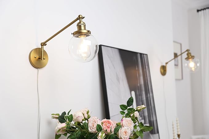 PERMO Plug in Wall Sconce Swing Arm Wall Lamp Industrial Sconce with 5.9" Glass Globe Shade Antique Gold Sconce for Bedroom, Living Room, Office
