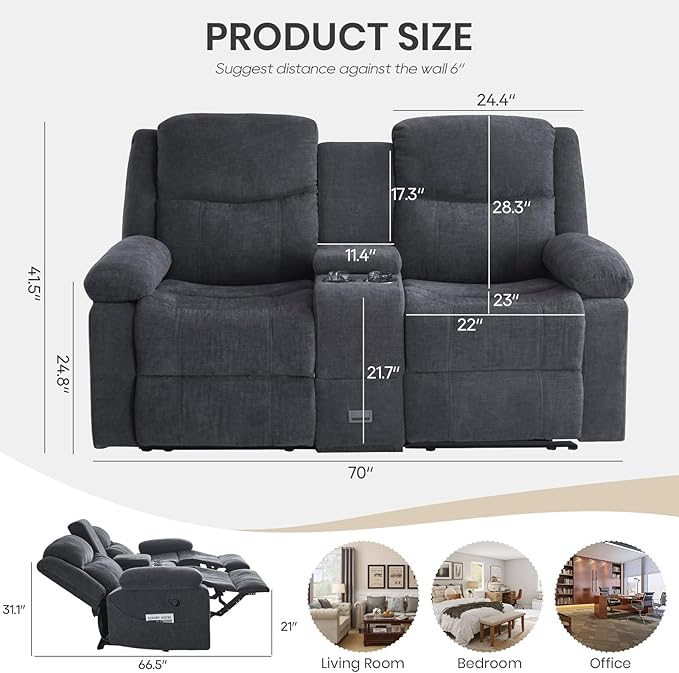 Recliner Sofa, Reclining Loveseat Sofa with Massage & Heat, Reclining Couch with Side Pockets, Extra Storage, Cup Holders for Living Room
