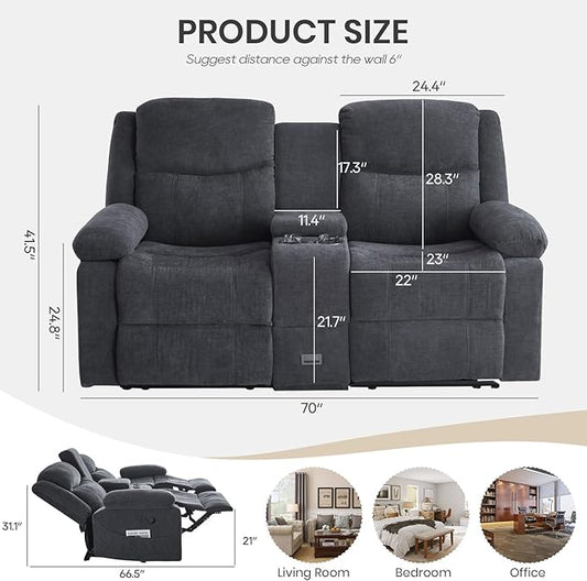 Recliner Sofa, Reclining Loveseat Sofa with Massage & Heat, Reclining Couch with Side Pockets, Extra Storage, Cup Holders for Living Room