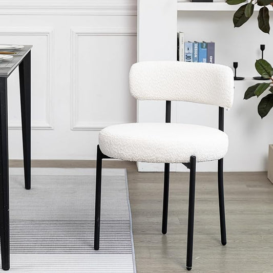 DYHOME White Dining Chair One Chair for Kitchen Dining Room,Upholstered Boucle Dining Chair with Black Metal Legs, Curved Backrest Modern Dining Room Chair