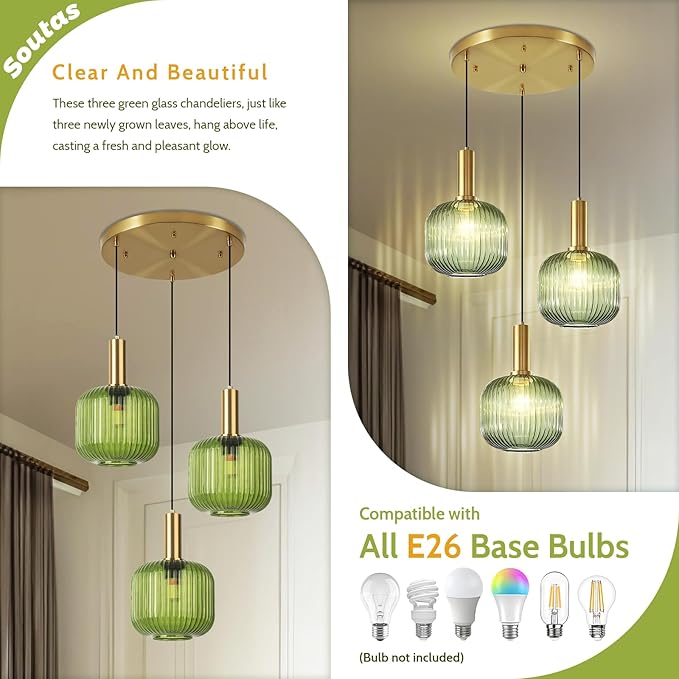 Stairwell Chandelier Green Glass Pendant Lights Kitchen Island Stripe Glass Shade Gold Dining Room Light Fixtures Mid Century 3-Light Cluster Long Chandelier for Farmhouse