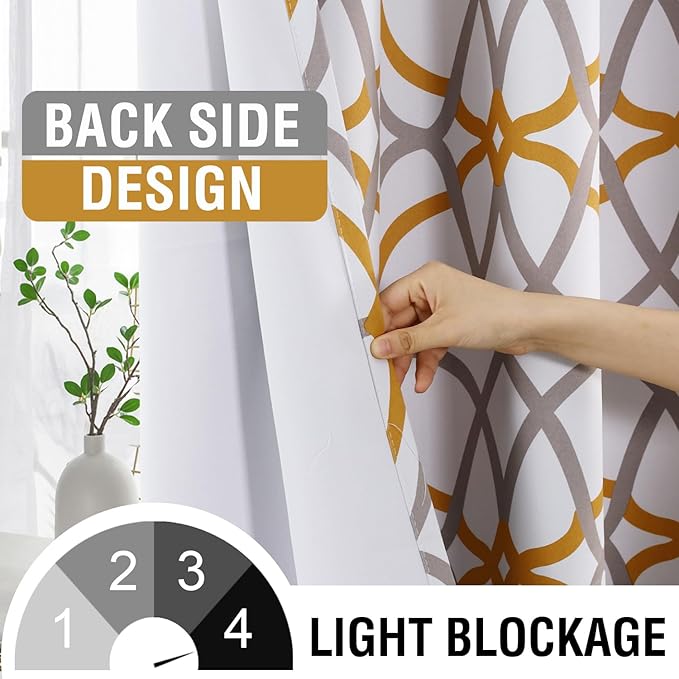 H.VERSAILTEX Blackout Curtains Printed Design 96 Inch Length 2 Panels Set Thermal Insulated Curtains for Bedroom Living Room Geometric Modern Grommet Window Drapes - Mustard and Grey
