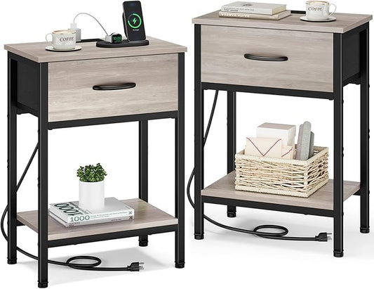 Vagusicc Nightstand Set of 2 with Charging Station, Bed Side Table with Fabric Drawer, Small End Table with 2-Tier Storage Shelves, 25.4" Tall Night Stand Bedside Table for Bedroom Living Room, Greige