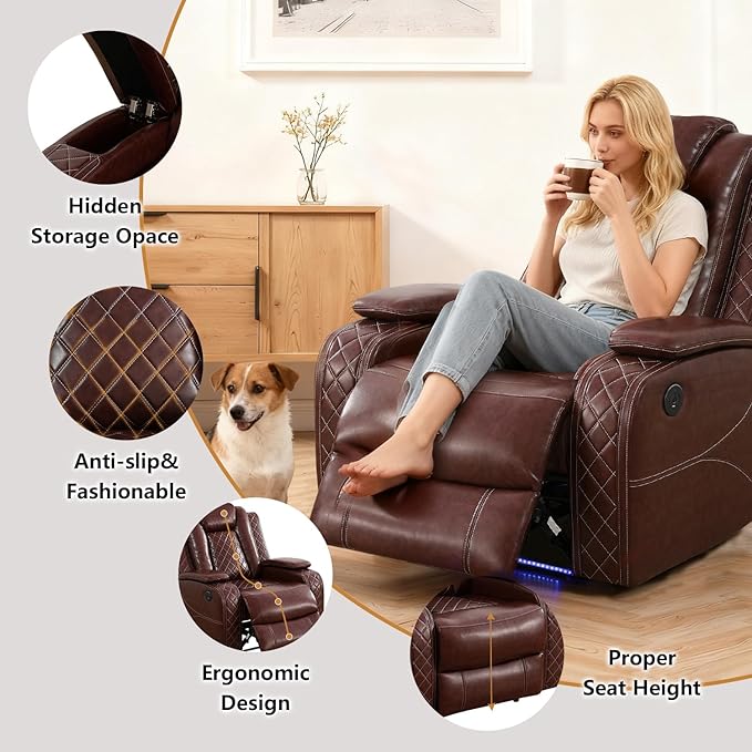 Power Leather Recliner Sofa Set with LED Light,Reclining Loveseat and 2*Chairs Set with Storage Console/USB Port/Cup Holder,Leather Couch for Living Room Furniture Sets(2+1+1 Seats,Burgundy)