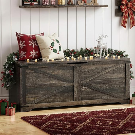 DWVO Storage Bench, 47.2" Farmhouse Storage Chest with 2 Safety Hinges, Wooden Storage Organizer, Shoe Bench for Entryway, Bedroom, Living Room, Dark Rustic Oak