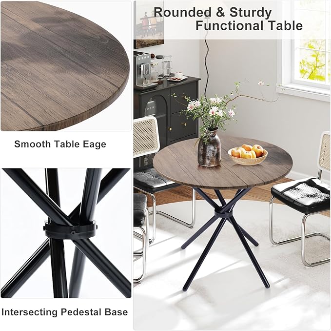 FurnitureR 31.5-Inch Round Dining Table for 2-4 People, Wooden Kitchen Table with Intersecting Pedestal Base and Metal Legs, Multifunctional for Café, Restaurant, and Home Dining, Brown