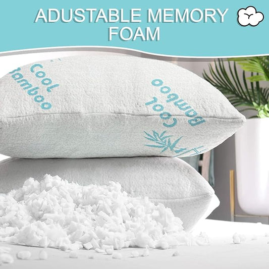 Cooling Rayon Of Bamboo Pillows Queen Size for Sleeping, +1 Extra Pillow Case, Shredded Adjustable Memory Foam Washable Zippered Breathable Cover, Relieves Neck Pain for Back/Stomach/Side Sleeper