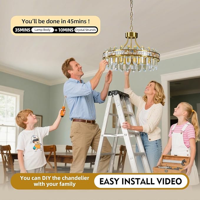 Gold Modern Round LED Crystal Chandelier - 17.7" Luxury 3 Colors Stepless Dimmable Chandeliers for Dining Room,Adjustable Height Ceiling Light Fixture for Kitchen Island Bathroom With Remote Control