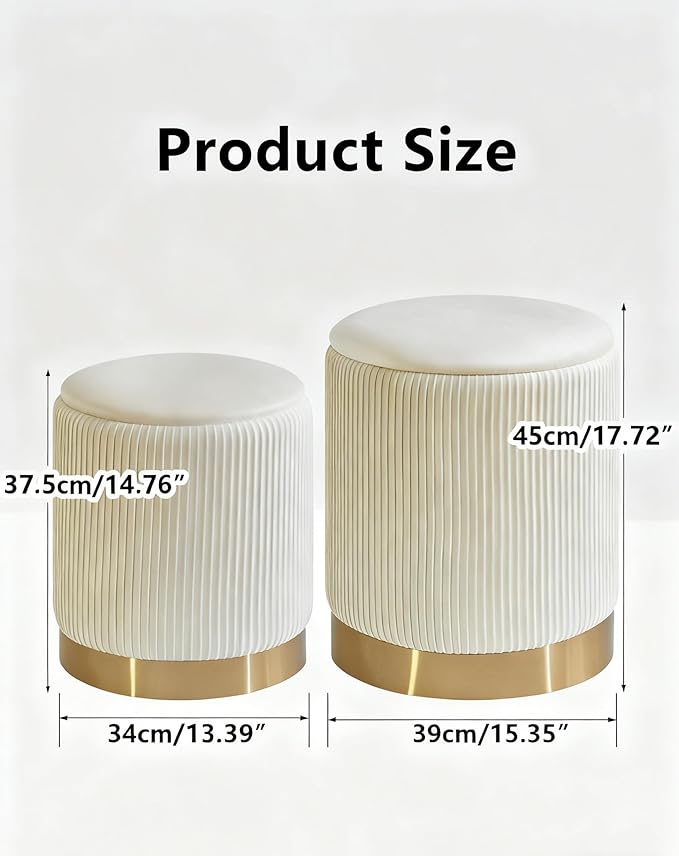 IBUYKE Round Storage Ottoman Set of 2 Ottoman for Dorm Vanity Stool with Storage Velvet FootStools End Table Boucle Ottoman for Home Organization White UWBD016W