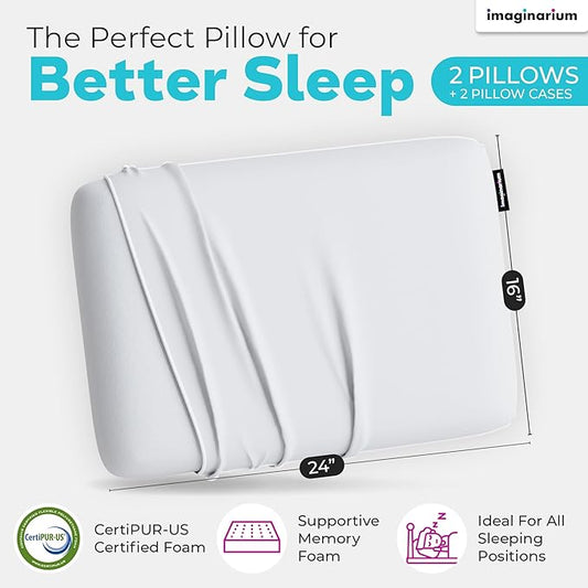 Imaginarium 2 Pk Cooling Bed Pillows for Sleeping, 2 Memory Foam Cooling Pillows for Back, Stomach Sleeper, Gel Side Sleeper Pillow, Cold Pillows That Stay Cold, Removable Zipper Cover - White/White