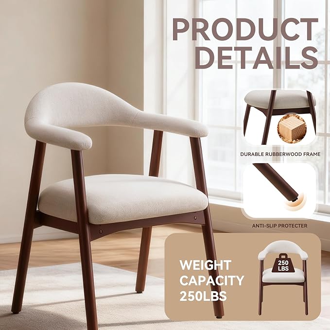 Wooden Dining Chair with Armrest Set of 6, Modern Fabric Upholstered Dining Room Chair with Curved Back and Wood Legs,Comfortable Accent Chairs for Kitchen Dining Room,Beige