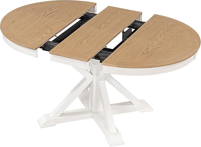 Ball & Cast Farmhouse Extendable Dining Table for 4-6, 42"-54" Extendable Kitchen-Table with a 12" Leaf, Round Ellipse Retro Wood Dining Room-Table w/Removable Leaves,Space Saving, Oak+Off White