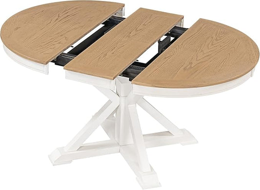Ball & Cast Farmhouse Extendable Dining Table for 4-6, 42"-54" Extendable Kitchen-Table with a 12" Leaf, Round Ellipse Retro Wood Dining Room-Table w/Removable Leaves,Space Saving, Oak+Off White