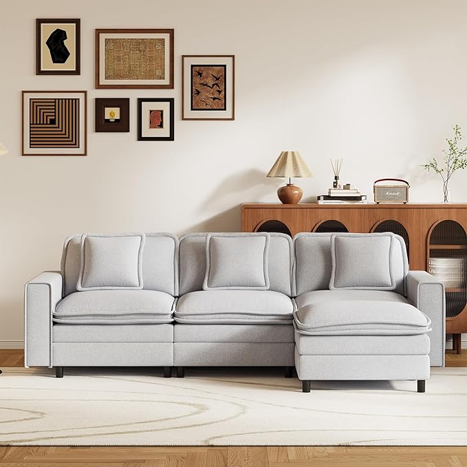 MALOL Modular Sectional Sofa 107", Comfy Cloud Couch with Ottoman, Deep 4-Seat L Shaped Modular Sofa, Couches with Throw Pillows for Living Room, Light Grey