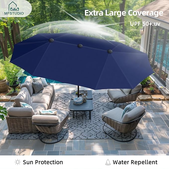 PHI VILLA 13 ft Outdoor Patio Umbrella, Large Rectangular Double Sided Market Table Twin Umbrellas with Crank Handle for Deck Pool, Navy Blue