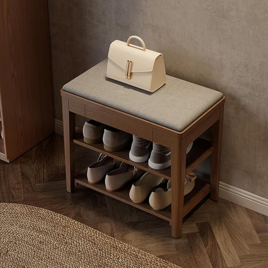 Small Shoe Bench with Storage, Wooden Shoe Storage Bench with Cushion&Hidden Drawer, 2-Tier Shoe Rack Bench for Entryway, Mudroom, Hallway