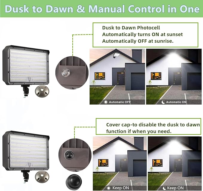 2Pack Dusk to Dawn Outdoor 150W LED Flood Light with Knuckle & Plate Mount, 3000K/4000K/5000K Color Selectable, ETL Commercial LED Security Lighting