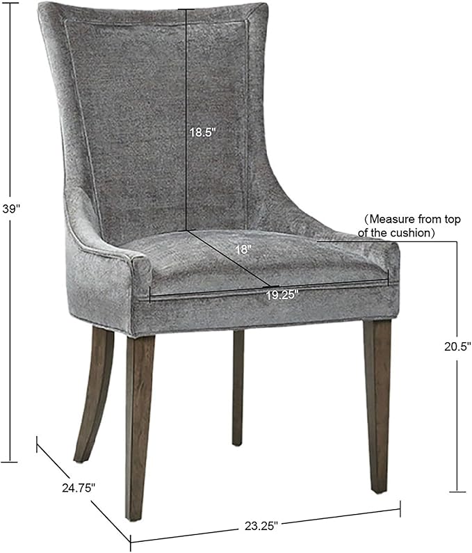 MADISON PARK SIGNATURE Ultra Dining Chairs Set of 2, Swoop Arm, Curved Back Chenille Upholstery Design, Solid Wood Legs, High Desnity Foam Seat Kitchen Furniture, Dark Grey, 23.25"W x 24.75"D x 39"H