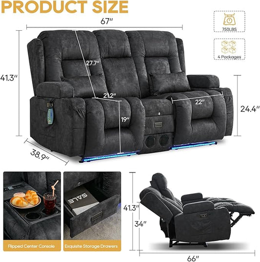IPKIG Power Recliner Sofa with Flip-Up Backrest Console, USB & USB-C Ports, AC Outlet, LED Lights, Wall Hugger Recliners for Living Room, RV (Drak Grey, 67" - 3 Seat) | Velvet Fabric, Zero Gravity, Dual Reclining, 2 Lumabr Pillow, Bluetooth Speakers