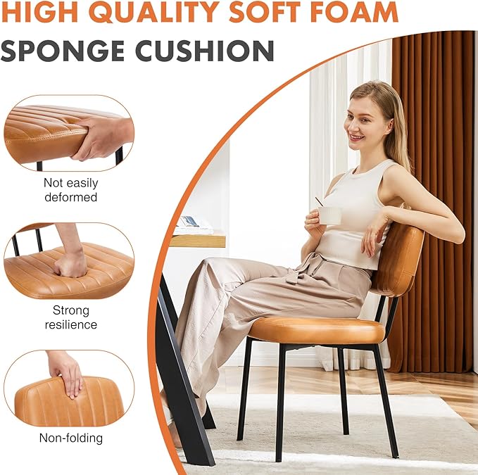 Sweetcrispy Dining Chairs Set of 2, Upholstered Mid Century Modern Kitchen Accent Chairs with Faux Leather Cushion Seat & Metal Legs for Home Office, Living Room - Brown