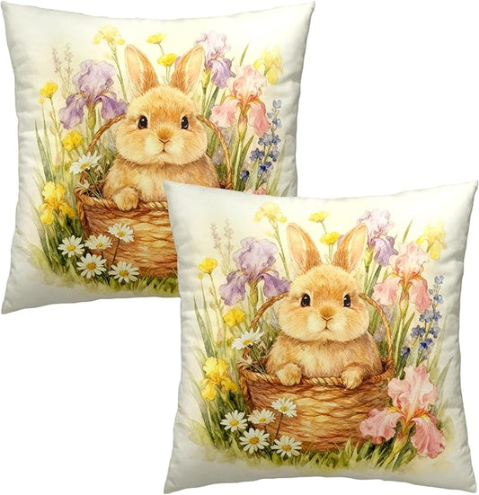 Easter Throw Pillow Covers Watercolor Lovely Bunny Pillow Covers 18x18 Spring Rabbit with Iris Daisy Floral Pillow Cases Happy Easter Farmhouse Cushion Cases for Home Sofa 2 Pack