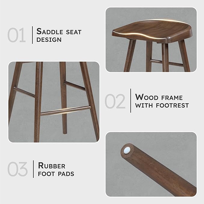 Lexicon Bar Height Stools Set of 2, Sturdy Acacia Wood Frame Saddle Seat Bar Chairs, Rustic Backless Kitchen Island Seating for Dining Room, Breakfast Nook, Brown