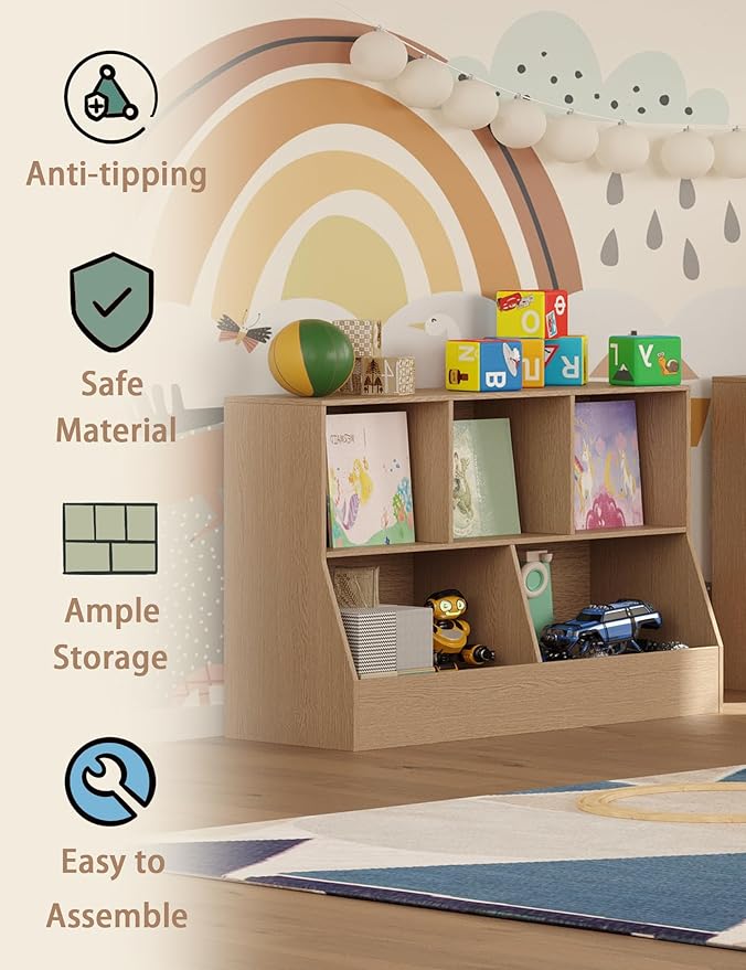 DINZI LVJ Toy Storage Organizer, Kids Bookshelf, Wooden Toy Storage Cabinet, 5 Cubby Children Bookcase, 39.4" L Toddler Book Shelf for Playroom, Living Room, Nursery, Hallway, School, Natural