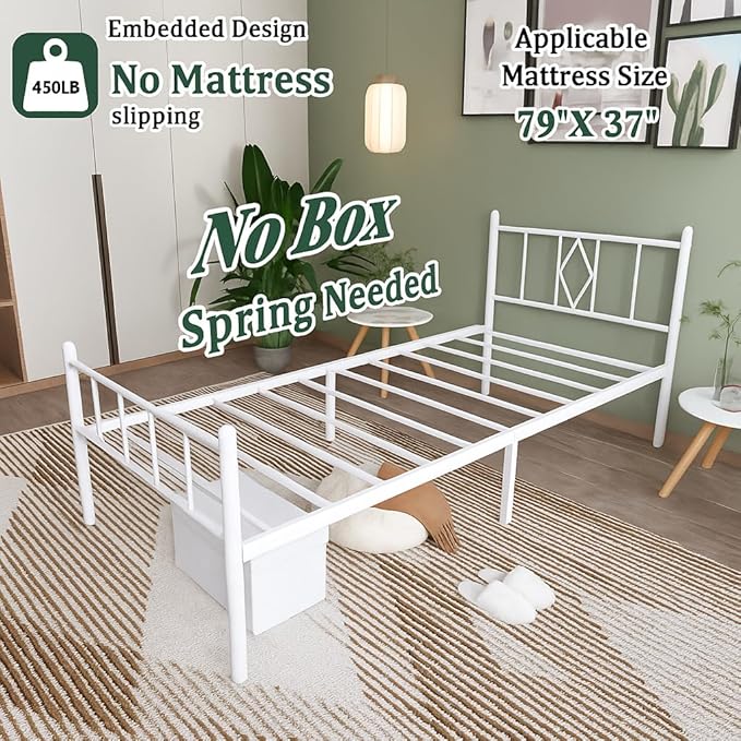 14 Inch Twin XL Size Bed Frames with Headboard/Footboard, Under Bed Storage, Strong Metal Slats Support, No Box Spring Needed, Noise Free, Easy Assembly, White